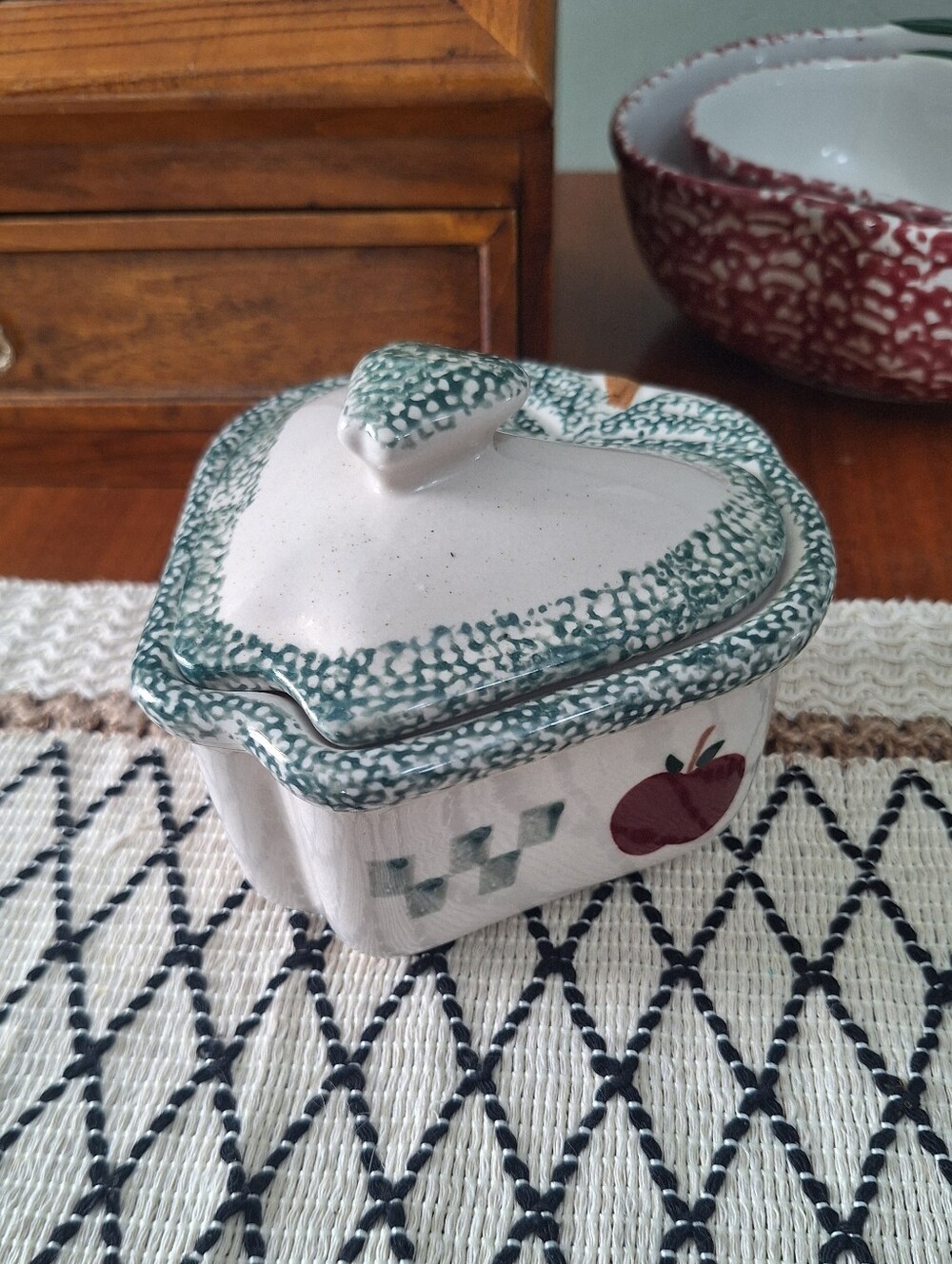 Apple Shaped Lidded Dish, Spongeware Apple Design